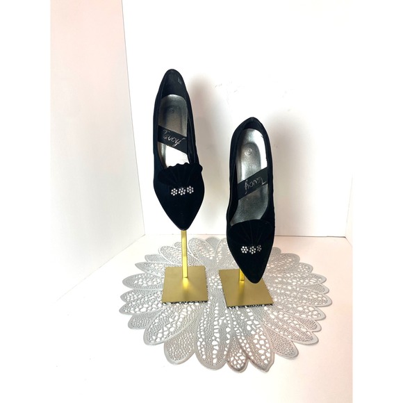 Vintage Tavoy Blk Velvet Rhinestone Pleated Fan Pointed Toe Stiletto Pumps Heel - Picture 2 of 10